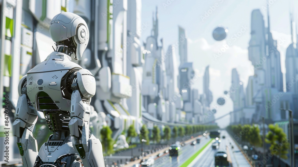 Rear view of robot facing city skyline