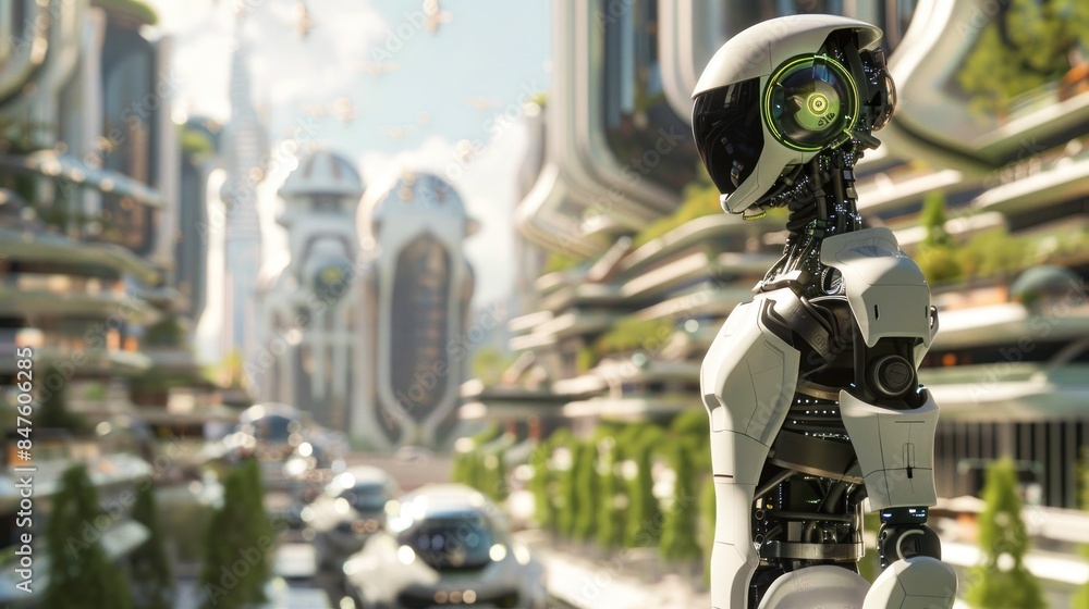Robot walking in a futuristic urban street Robot walking in a futuristic urban street