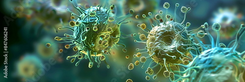 Green and blue viruses and bacteria of various shapes on a neon background. Science and medicine concept. 3D rendering