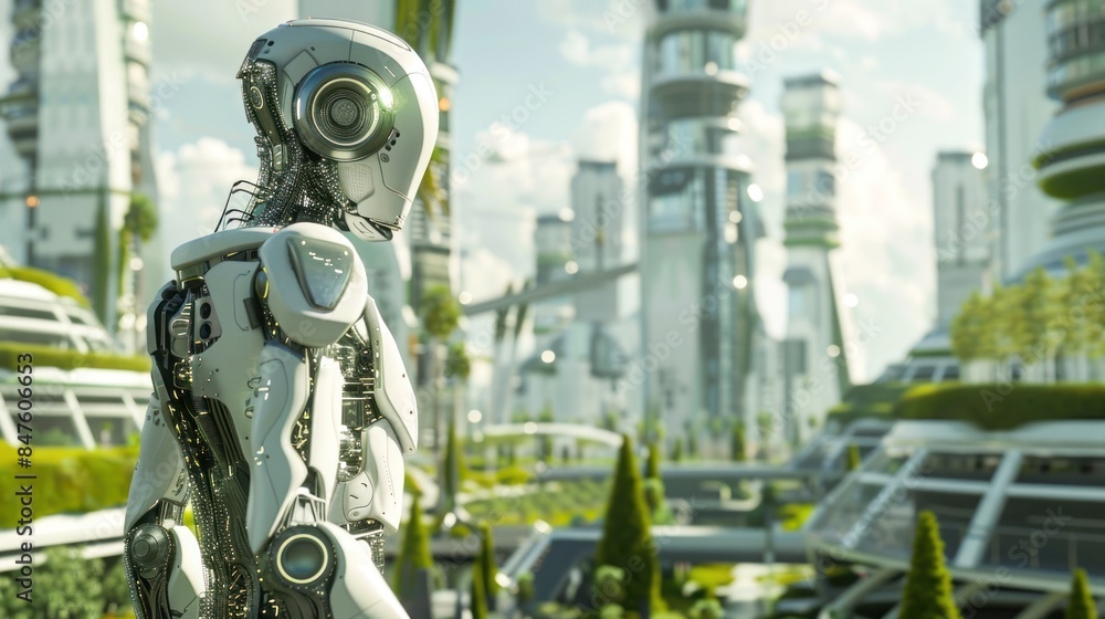 Robot gazing at futuristic city skyline Robot gazing at futuristic city skyline