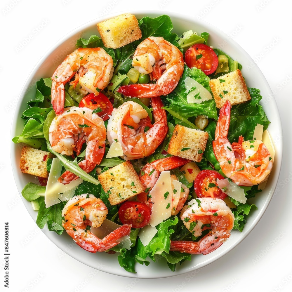Caesar Salad, Cesar Salat or Barbecue Shrimps Ceasar with Green Lettuce, Grated Parmesan Cheese Caesar Salad, Cesar Salat or Barbecue Shrimps Ceasar with Green Lettuce, Grated Parmesan Cheese