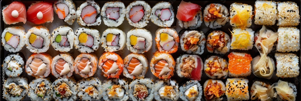 Sushi Big Set, Various Maki Sushi, Baked Norimaki, Kappamaki Rolles Collection with Salmon