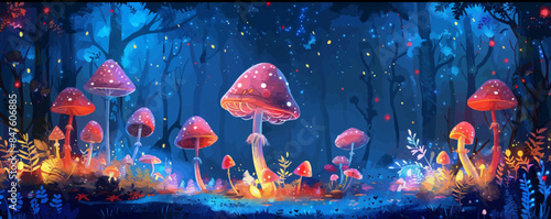 A mystical fairy ring with glowing mushrooms and dancing woodland creatures. Vector flat minimalistic isolated