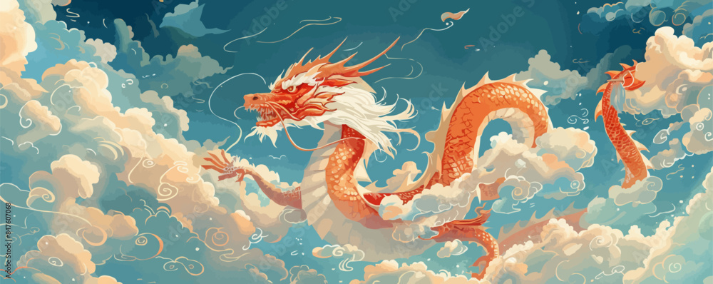 Oriental dragon winding through the clouds in a blue sky. Vector flat minimalistic isolated illustration. Oriental dragon winding through the clouds in a blue sky. Vector flat minimalistic isolated illustration.