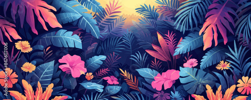 Bright clearing covered in exotic blooming plants. Vector flat minimalistic isolated illustration.