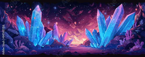 A mystical crystal cave filled with sparkling gemstones and glowing crystals. Vector flat minimalistic isolated illustration.