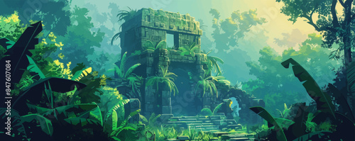 Ancient mystical ruins surrounded by lush jungle Vector flat minimalistic isolated