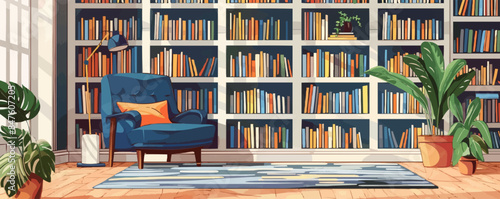 Cozy reading nook with bookshelves and armchair Vector flat minimalistic isolated illustration