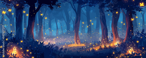 Enchanted forest glade with glowing fireflies Vector flat minimalistic isolated illustration