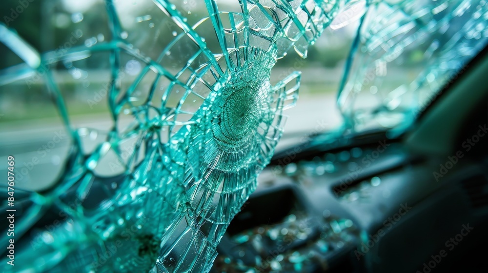 Car windshield shattered in an accident, focusing on the complex crack ...