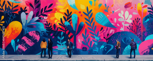 Urban street art mural with bold graffiti and street performers. Vector flat minimalistic isolated illustration.