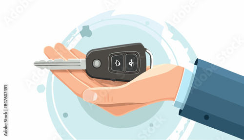 Businessman hold car key, on white. Vector illustration