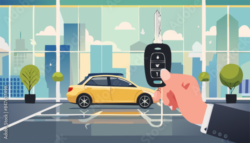business man hold car key against modern showroom.  Automobile dealership store.  Vector illustration