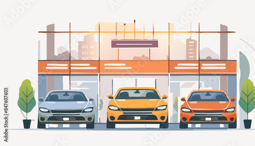 New cars near  showroom dealership. Outside building. Concept of sale of new vehicles