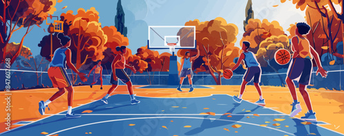 Young people playing basketball on a sports court. Vector flat minimalistic isolated illustration.