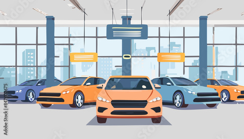 modern car at showroom. Inside building, no people. Concept of sale new vechicle