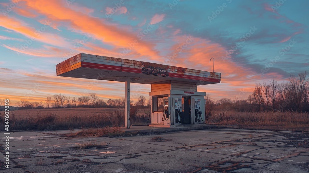 Desolate gas station on a rural road, bathed in the warm hues of sunset, capturing the beauty in abandonment Desolate gas station on a rural road, bathed in the warm hues of sunset, capturing the beauty in abandonment