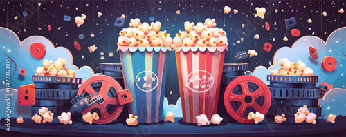 Retro movie theater with popcorn and film reels Vector flat minimalistic isolated
