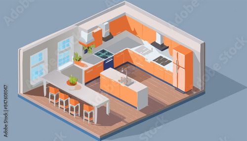 Modern cutaway interior Living room interior or badroom in isometric view vector illustration