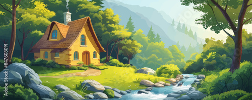 A quaint cottage nestled beside a bubbling brook in the forest. Vector flat minimalistic isolated illustration.