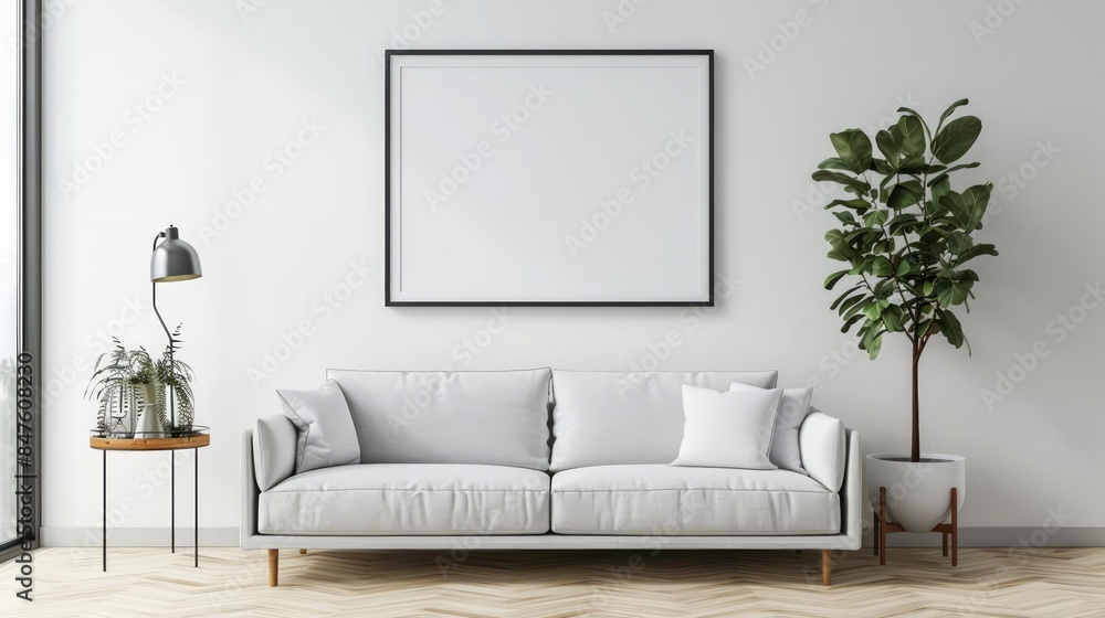 A minimalist living room featuring a mockup frame hanging above a sleek, modern sofa A minimalist living room featuring a mockup frame hanging above a sleek, modern sofa