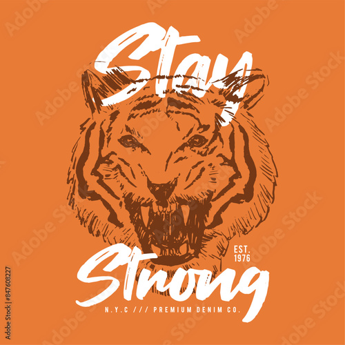 tee print design for textile with tiger face drawing as vector