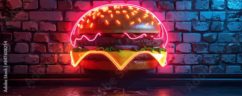 Retro diner neon sign with a sizzling burger Vector flat minimalistic isolated illustration