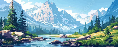 Serene mountain landscape with rocky cliffs and a clear stream Vector flat minimalistic isolated illustration