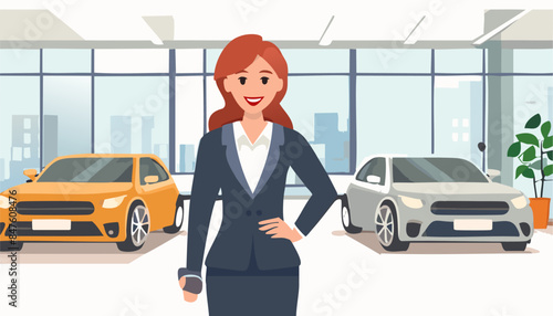 Smile saleswoman at car dealership in formal wear. Purchase sale or rental auto. Vector illustration