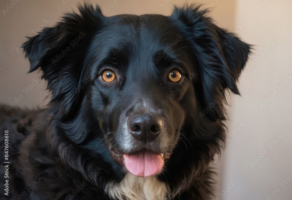 Fototapeta premium Black dog with white chest and pink tongue.