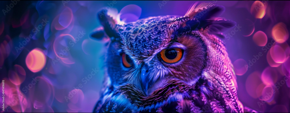 Owl looking into the camera in close up with a blurry Background, Light Blue, Smoke, Neon Light, Cloud Owl looking into the camera in close up with a blurry Background, Light Blue, Smoke, Neon Light, Cloud