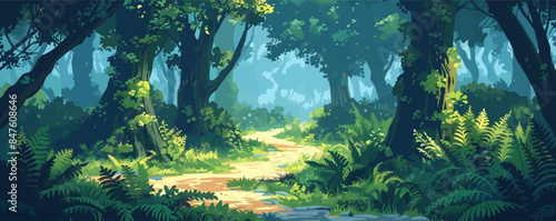 A mystical forest path winding through ancient trees and ferns. Vector flat minimalistic isolated illustration.
