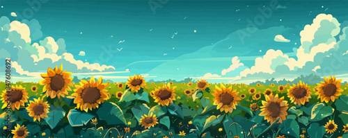 A peaceful field of sunflowers under a bright blue sky. Vector flat minimalistic isolated