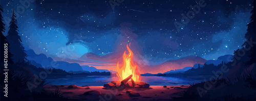 A cozy campfire crackling under a starry night sky. Vector flat minimalistic isolated illustration.