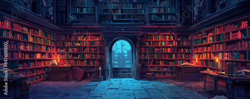 A magical library filled with ancient tomes and spellbooks. Vector flat minimalistic isolated illustration.