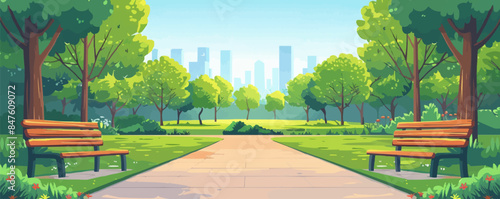Modern city park with jogging paths and benches Vector flat minimalistic isolated illustration