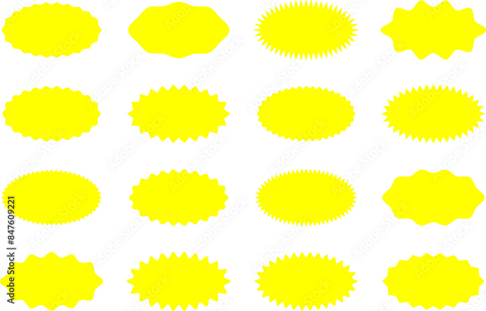 Starburst yellow sticker set - collection of special offer sale oval and round shaped sunburst labels and badges. Promo stickers with star edges. Vector. Starburst yellow sticker set - collection of special offer sale oval and round shaped sunburst labels and badges. Promo stickers with star edges. Vector.