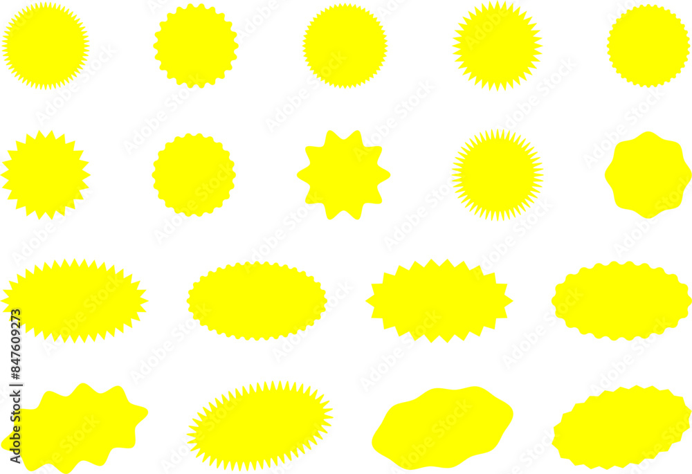 Starburst yellow sticker set - collection of special offer sale oval and round shaped sunburst labels and badges. Promo stickers with star edges. Vector. Starburst yellow sticker set - collection of special offer sale oval and round shaped sunburst labels and badges. Promo stickers with star edges. Vector.