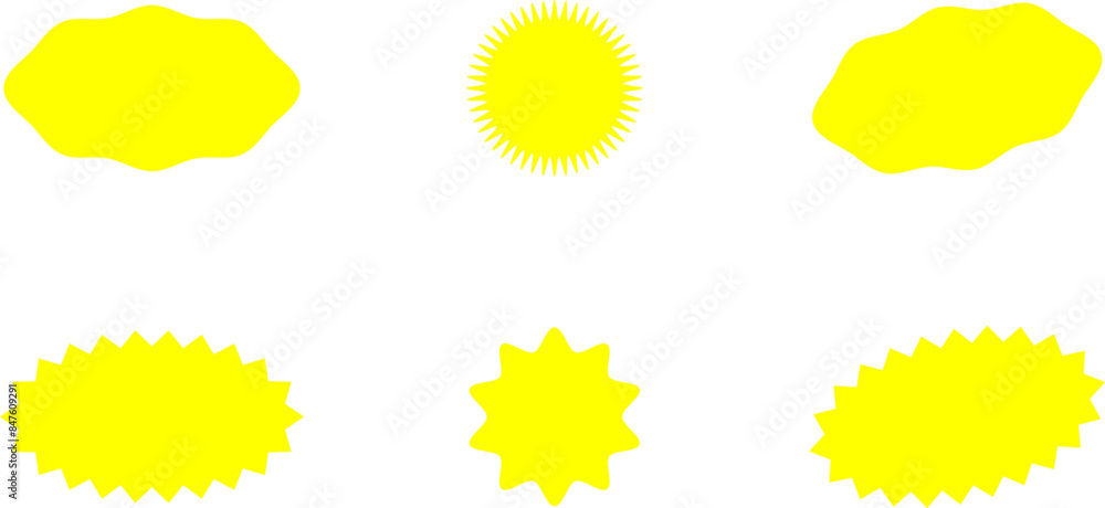 Starburst yellow sticker set - collection of special offer sale oval and round shaped sunburst labels and badges. Promo stickers with star edges. Vector.
