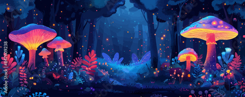 A mystical fairy ring with glowing mushrooms and dancing woodland creatures. Vector flat minimalistic isolated