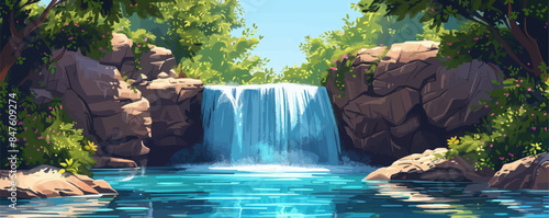 A secluded waterfall cascading into a crystal-clear pool. Vector flat minimalistic isolated illustration.