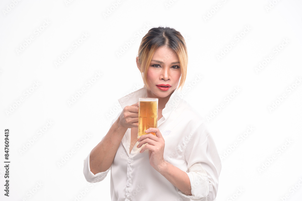 An isolated image presents a stunning transgender woman holding a beer against a white background, emphasizing her beauty and individuality. An isolated image presents a stunning transgender woman holding a beer against a white background, emphasizing her beauty and individuality.
