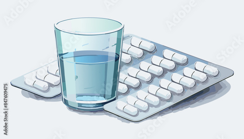 Medicine pills, glass with water isolated on white. Pharmaceutical healthcare concept. vector illustration
