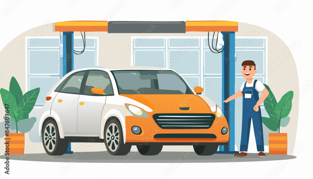 portrait of mechanic stand near damage car repair center or garage. Workshop station. Vector illustration portrait of mechanic stand near damage car repair center or garage. Workshop station. Vector illustration