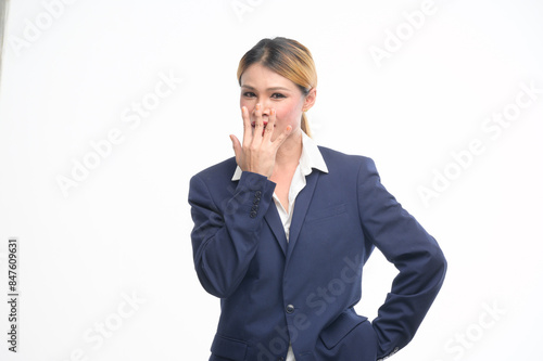 Capturing the essence of professionalism, the Transgender woman exudes confidence and elegance in her tailored suit, against the pristine white studio backdrop.