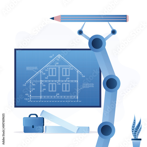 Robot hand help architect drawing house plan. Automatic system with AI presenting blueprint plan. App or chat bot for sketching of construction, industrial skeleton