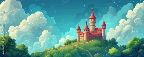 A whimsical fairy tale castle perched on a hilltop. Vector flat minimalistic isolated illustration.