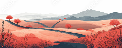 A peaceful countryside scene with rolling hills and a winding country road. Vector flat minimalistic isolated illustration.
