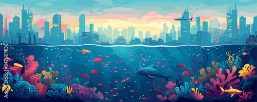 Underwater cityscape teeming with marine life and coral reefs. Vector flat minimalistic isolated illustration.