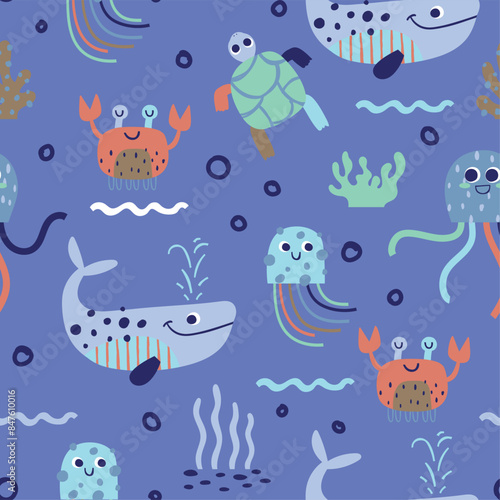pattern design for kids fashion with cute whale, crab, octopus, jellyfish drawing as vector